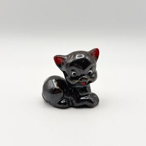 Vintage Redware Pottery Black Cat Sitting Figurine Japan Signed Red Ears 2"